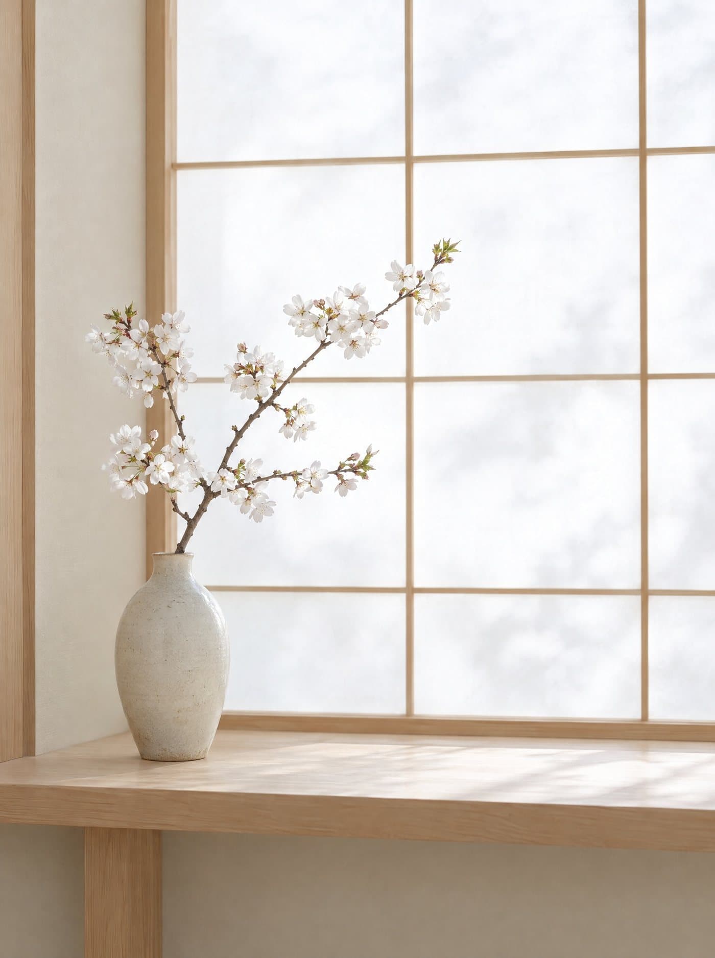 A branch of blossom in a vase beside a paper screen, in warm evening light